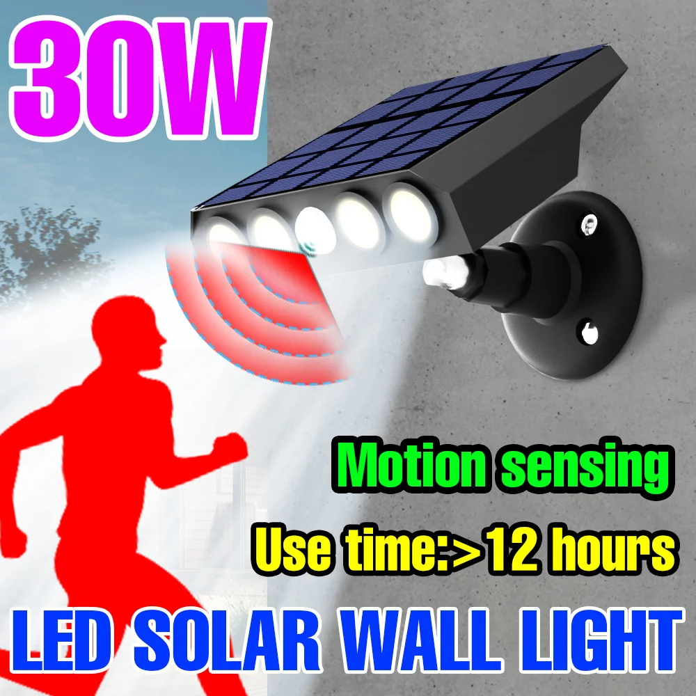 

30 Вт светодиодный солнечный светильник, уличный водонепроницаемый прожектор с датчиком движения PIR, внешний настенный светильник для сада, гаража, входа, уличного освещения