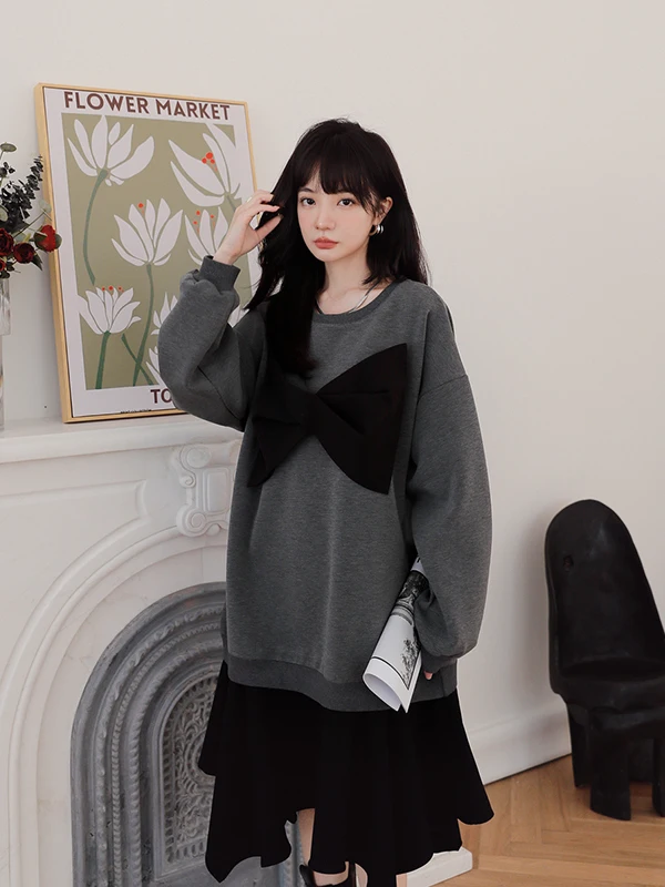 

plus Size 300 Pou Women's Korean Sle round Ne Midi Dr Casual Loose Fit Knot Autumn Winter Long Sve Dr