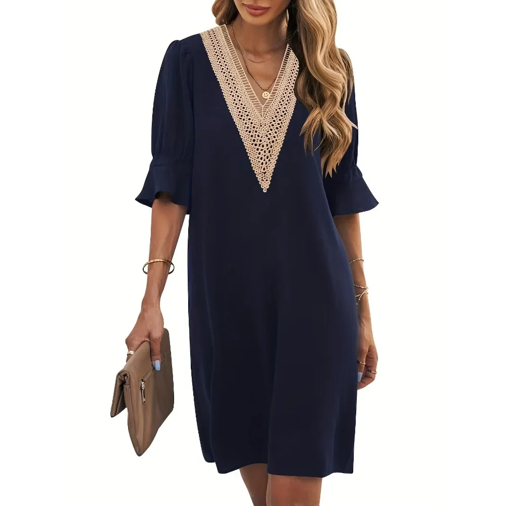 플러스 사이즈 1XL-5XL 여성 패션 반팔 드레스 여성용 솔리드 컬러 브이넥 컷아웃 드레스 드레스
