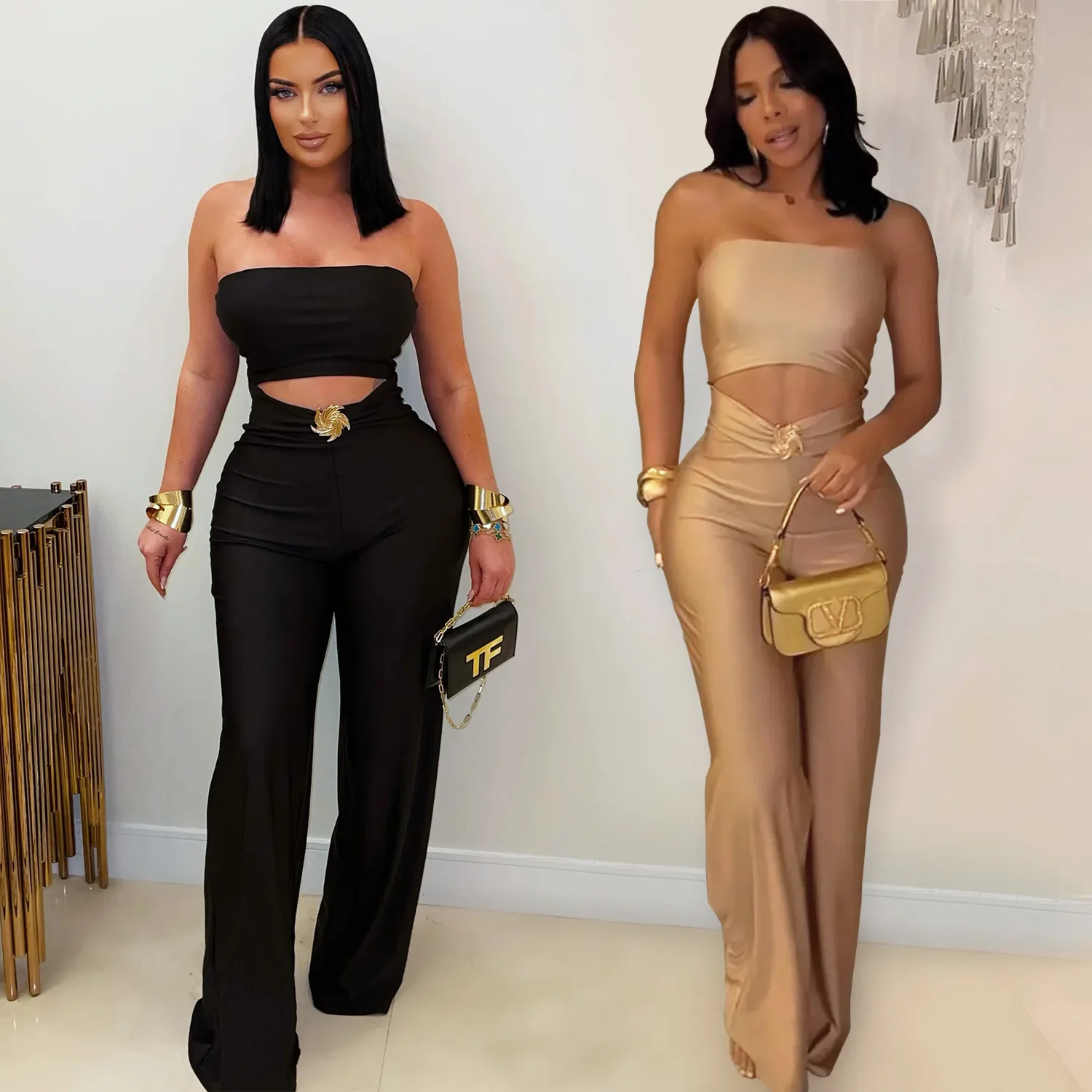 2025 Fashion Street Zwarte Jumpsuit Dames Mouwloos Strapless Crop Rechte broek Eendelig overall Sexy speelpakjes