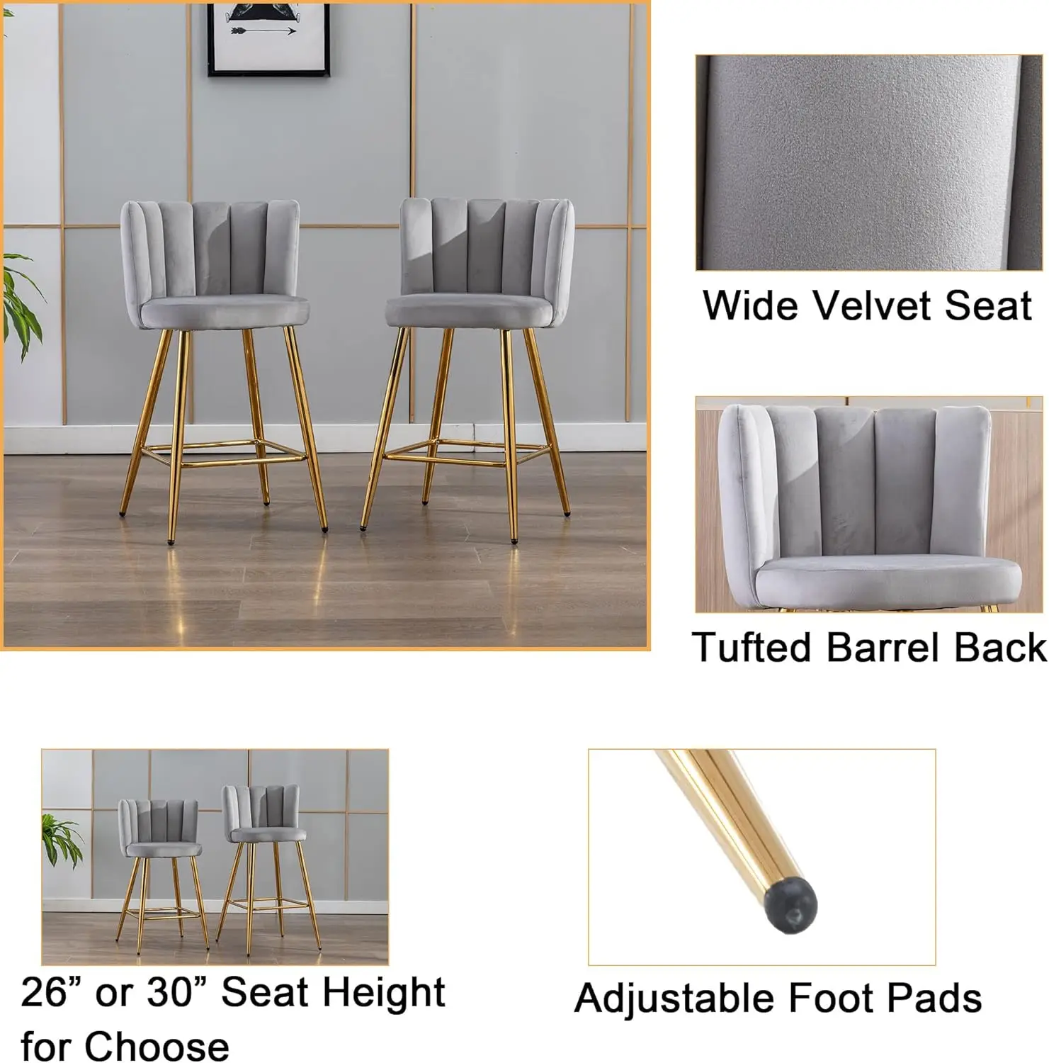 Velvet 26" Counter Height Barstools Set of 4 Modern Kitchen Stools Upholstered Bar Stool Chairs with Gold Metal Legs for Kitchen