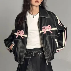 Y2k Motorcycle Bow PU Leather Jackets High Street Zipper Oversized Coats Vintage Jackets Female Casual Women's Clothing