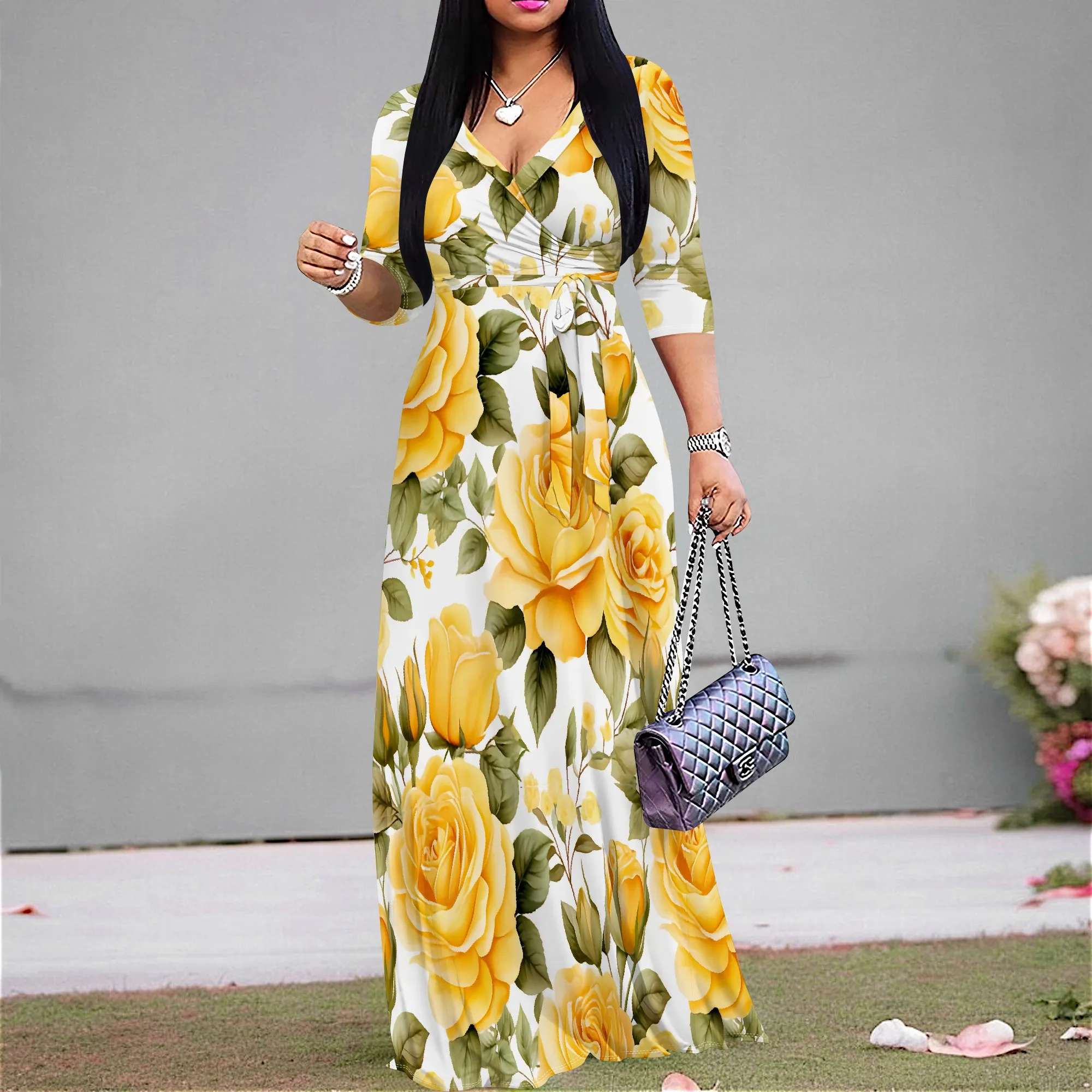 

Women's Casual Watercolor Floral Pattern Wrap Maxi Dresses V Neck 3/4 Sleeve Tie Waist Dress Long Dresses for Women 2025