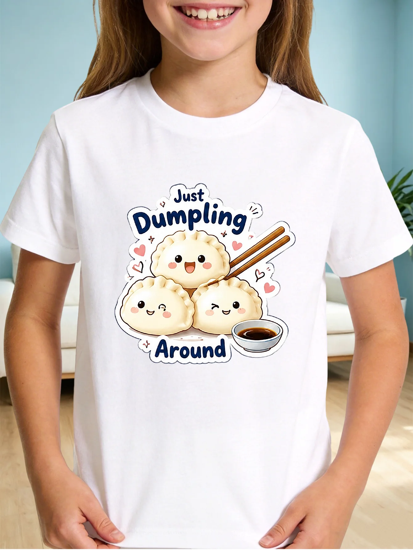 Just Dumpling Around Kids T Shirt Cute Cartoon Food Print Short Sleeve Tees Boys Girls Soft Cotton Casual Tops Daily Wear Gift