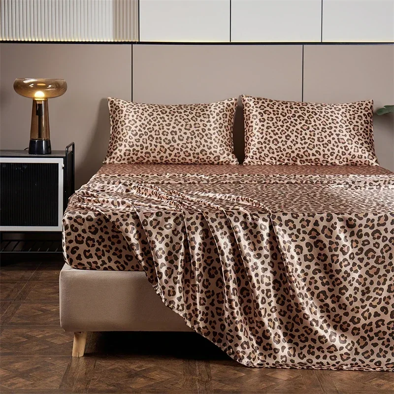 New Satin Fabric Leopard Print Bed Sheet Set Queen High-end Fitted Sheet Flat Sheet Pillowcase Bed Set King Size Bedsheet Sets