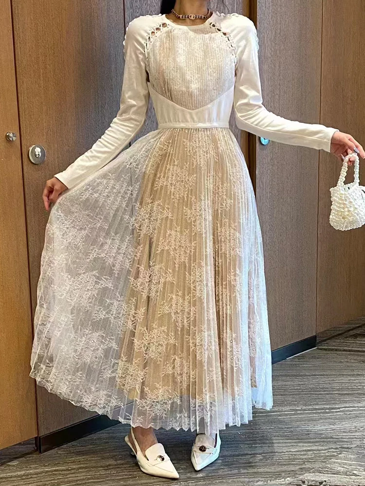 

Heavy craft lace-up hollow-out long-sleeved color-matching high-waisted dress 2024 fall ladies new loose pleated puffy skirt