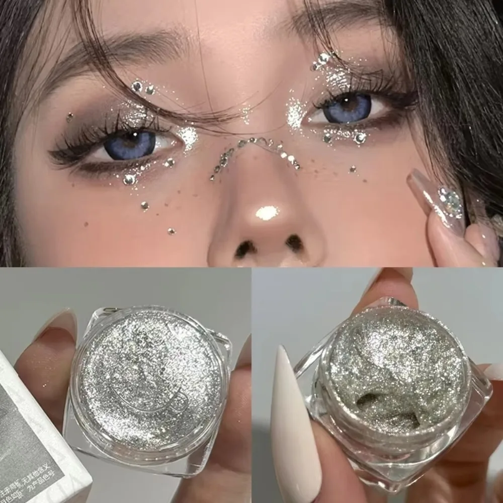 Srebrno-biały rozświetlacz w słoiczku, cień do powiek z brokatem, wodoodporny żelowy cień do powiek, długotrwały, błyszczący makijaż jedwabnika.
