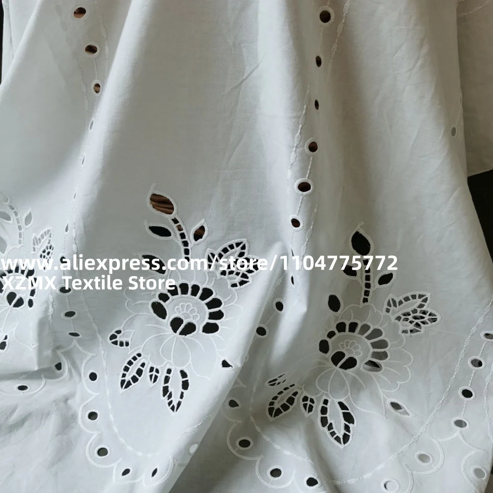 White Cotton Eyelet Embroidery Fabric Floral Hollow Cutwork Lace Cloth for Dress Blouse Garment DIY Sewing Apparel Material