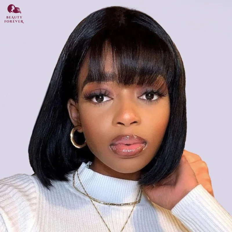 

Beauty Forever Short Bob Wig With Bangs Silky Straight 13x1 Lace Part Machine Made Human Hair Wig