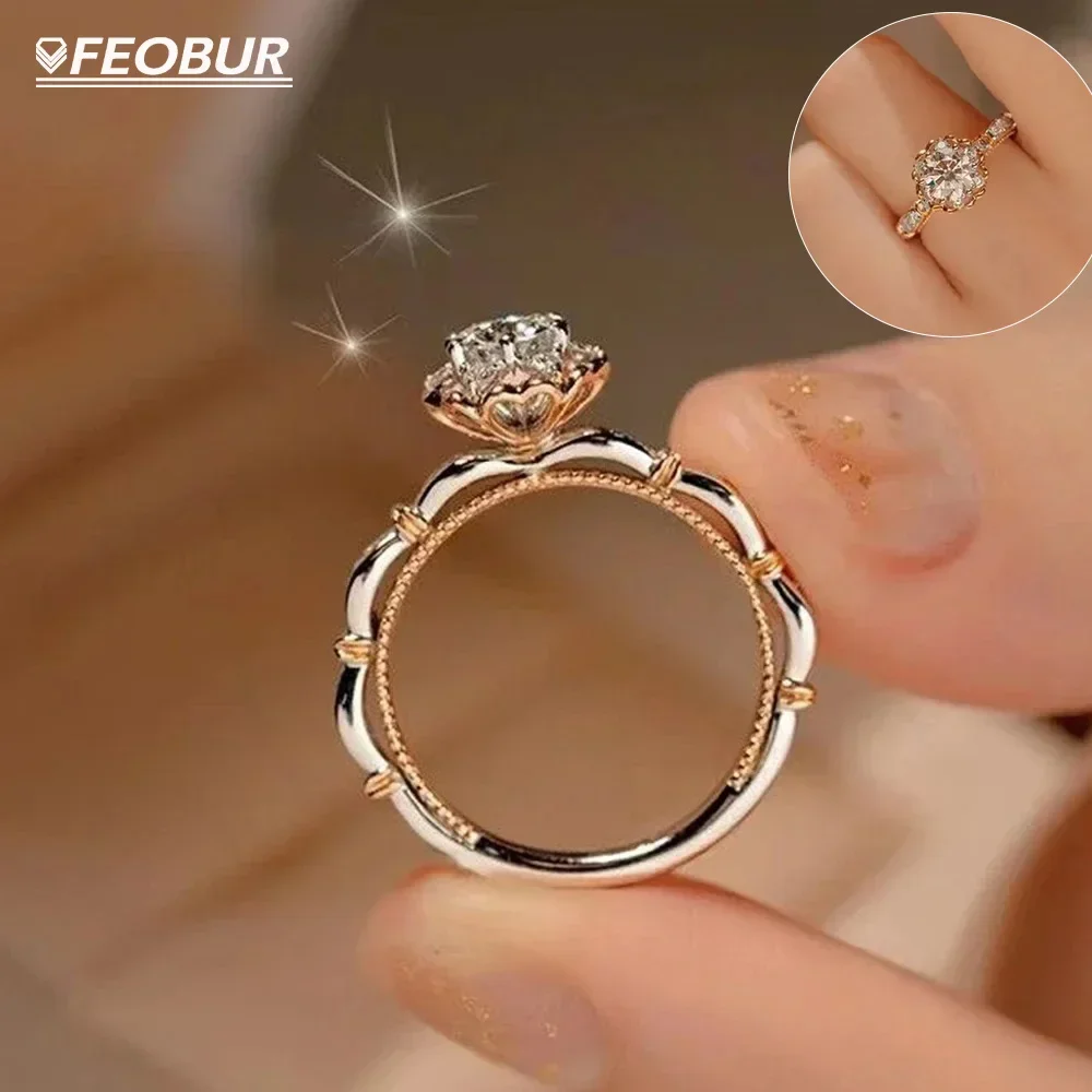 

FEOBUR 0.5ct Moissanite Engagement Ring for Women 925 Sterling Silver Rose Shape Lab Created Sparkling Diamond Promise Rings