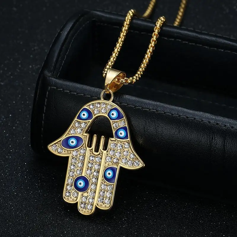 Hip Hop Rock Bling Iced Out Stainless Steel Eye of Evil Fatima Hand Amulet Pendants Necklaces for Women Men Rapper Jewelry