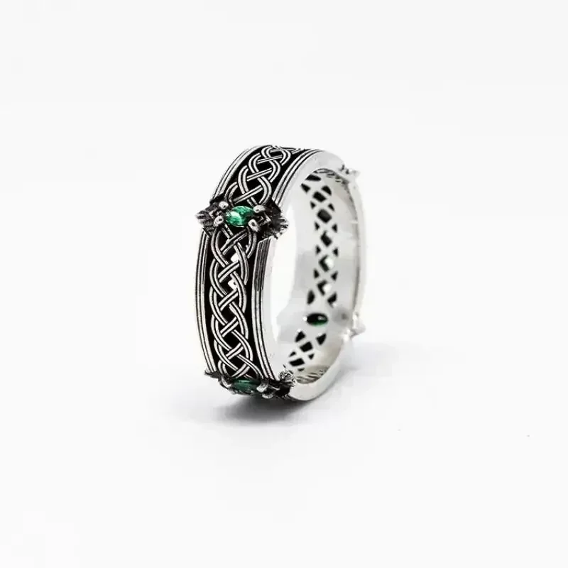 Fashion Green Gemstone Irish Celtic Knot Open Adjustable Ring Vintage Lucky Jewelry for Men Women