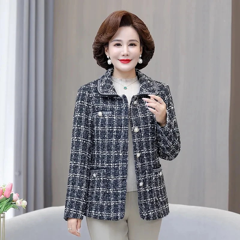 

Middle Aged Elderly Women's Outerwear 2024 New Spring Autumn Jackets Fashion Short Casual Plaid Korean Version Coat Female