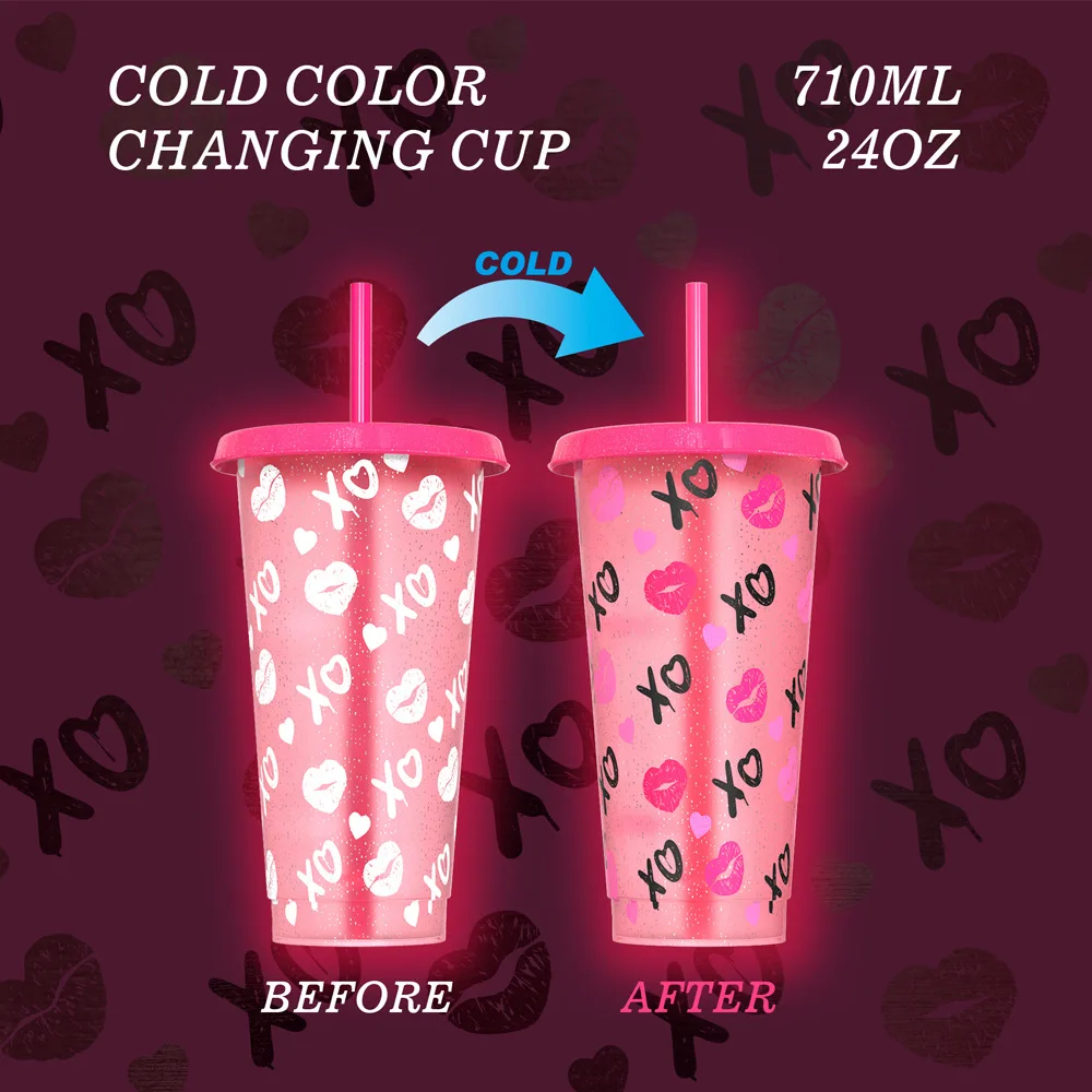 700ml 710ml 24oz cold color changing plastic valentine's day cup with gliter lid and straw