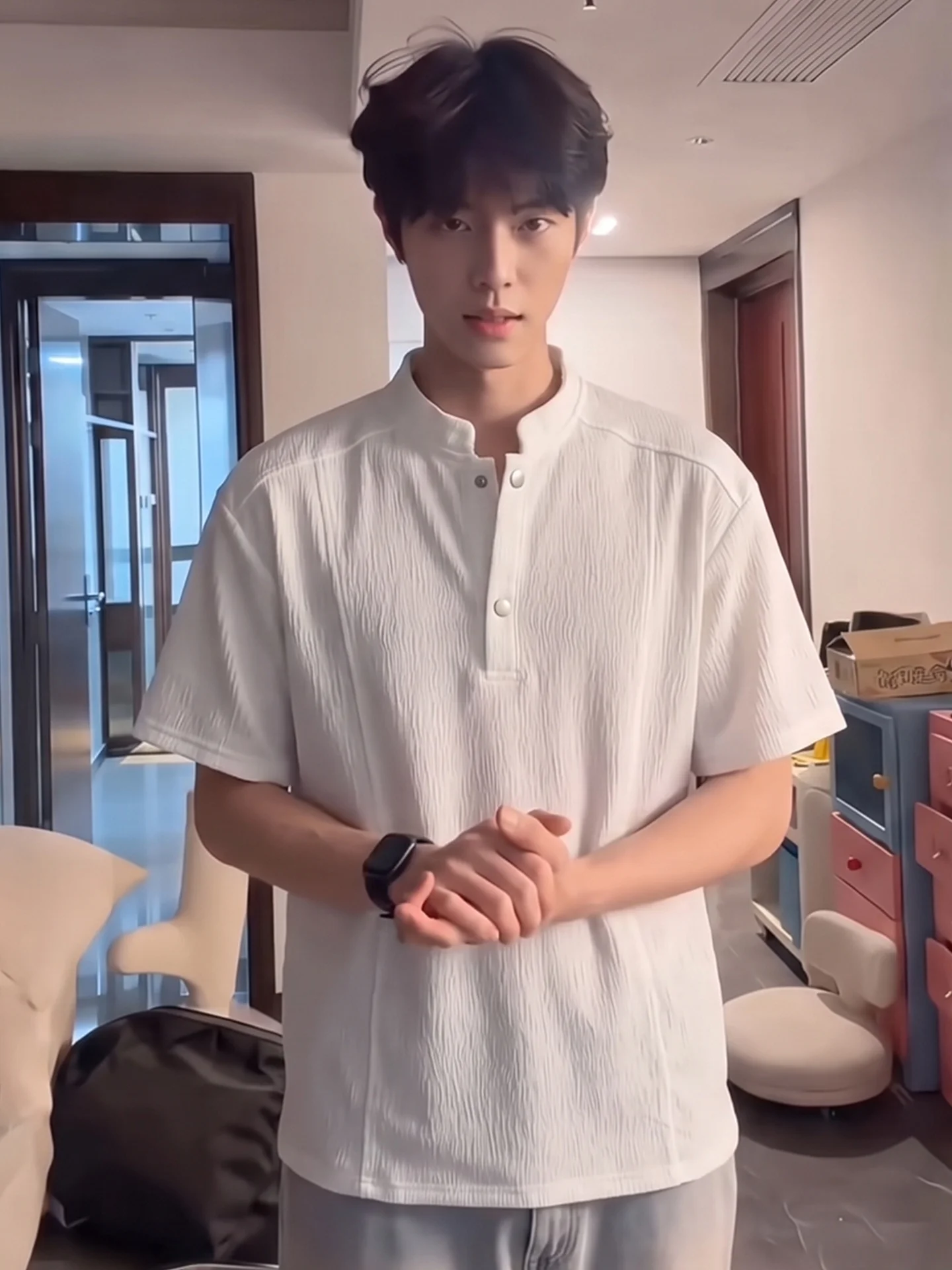Cleanfit White Henry Collar Short Sleeve  Shirt Men's Summer Treebark Texture T-Shirt Semi-sleeve Fashionable Youthwear
