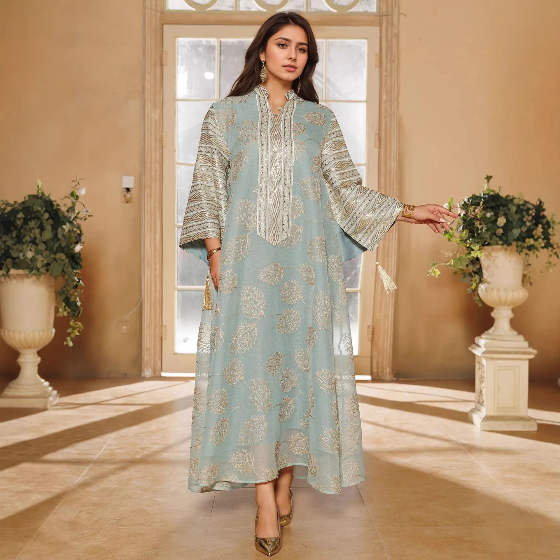 

2026 Hot-selling New Mesh Elegant Embroidered Sequin Dress Ethnic Clothing Robe Abaya Ramadan Dubai Luxury Islam Elegant