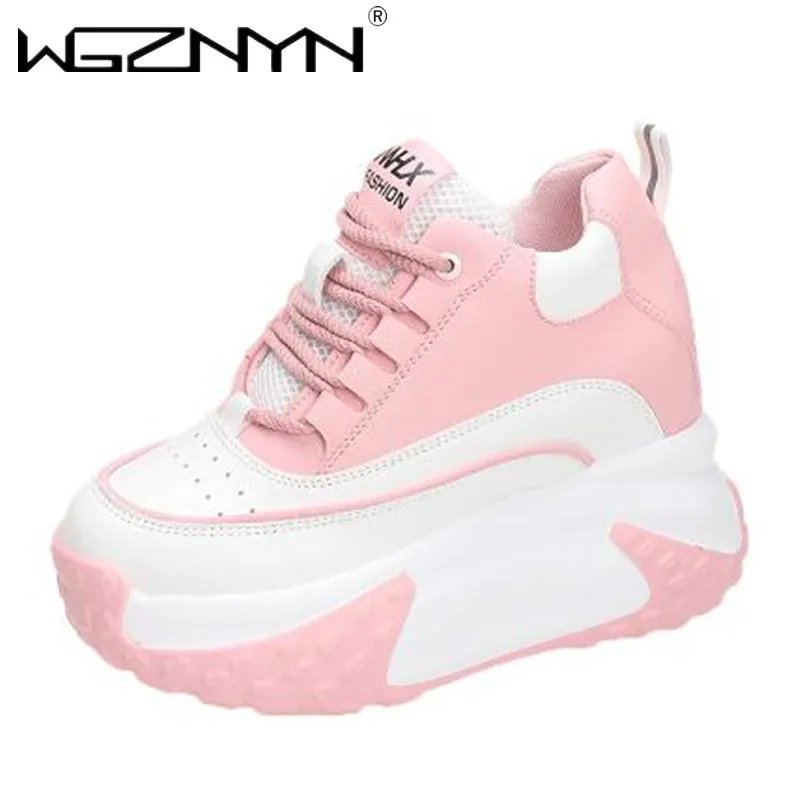 NEW Women Platform Breathable Leather Shoes Autumn Chunky Sneakers 10CM Wedge Hidden Heels Leisure Sports Casual Dad Shoes Woman