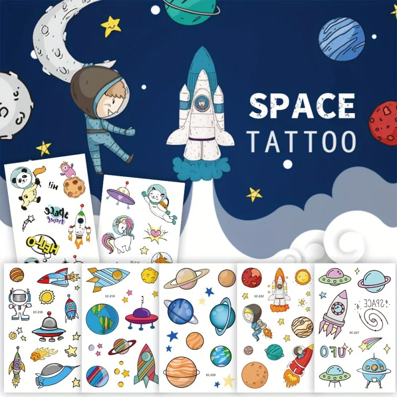 12 Sheets Space Themed Temporary Tattoos, Waterproof Cartoon Astronaut Planets Spaceship Rocket Tattoos, Biry Art Stickers Decor