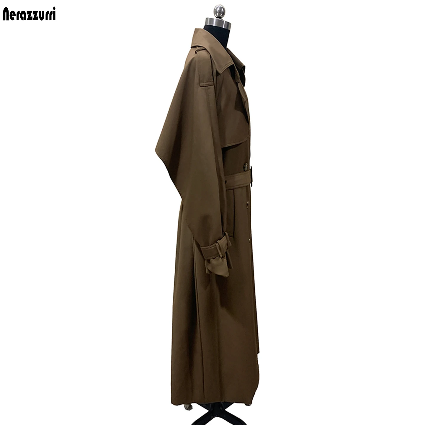 Nerazzurri Autumn Long Khaki Trench Coat for Women Belt Double Breasted Elegant Loose Luxury Modest Designer Clothes Overcoat