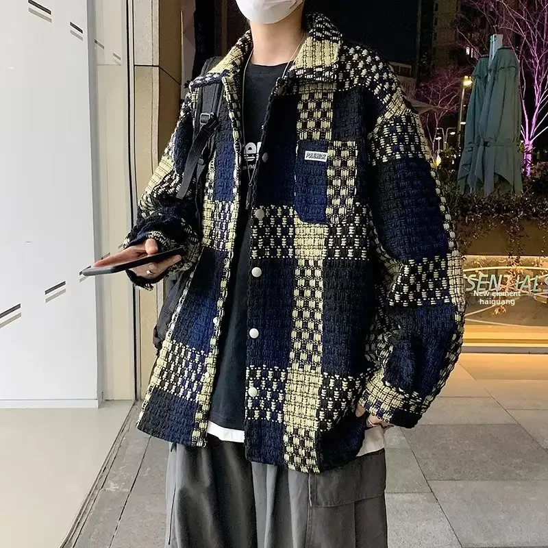 Instrendy Brand Tweed Style Plaid Jacket Men's Spring Autumn Streetwise Design Sensibility Japanese Vintage Loose-fit Jacket