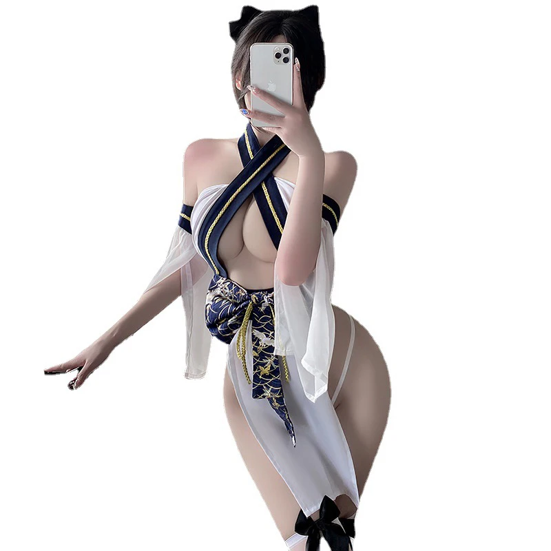 Sexy Backless Lingerie Women Game Uniform Kimono Set Split Neckline Maid Uniform Erotic Bodysuit Cosplay Anime Events Underwear