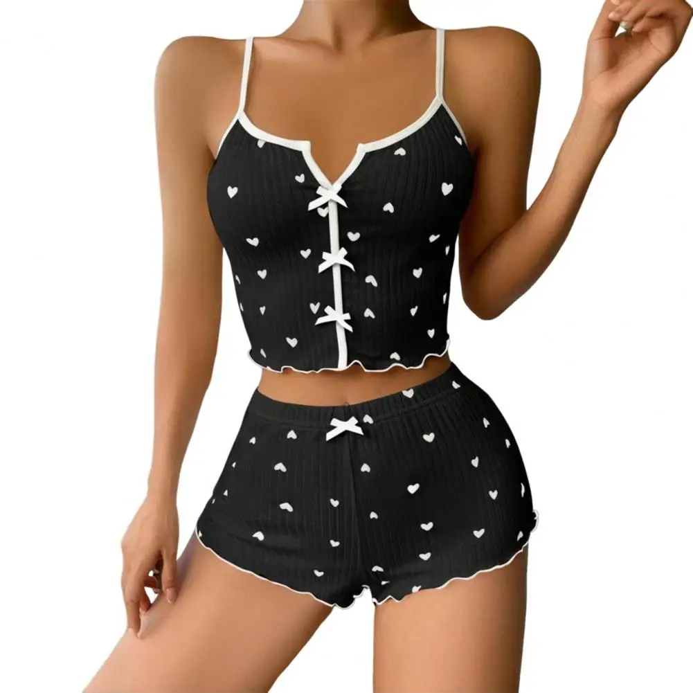 2025 Refreshing Style Home Clothes Cotton Blended Pajamas Women's Bow Heart Print Vest Shorts Set for Summer Loungewear Sleepwea
