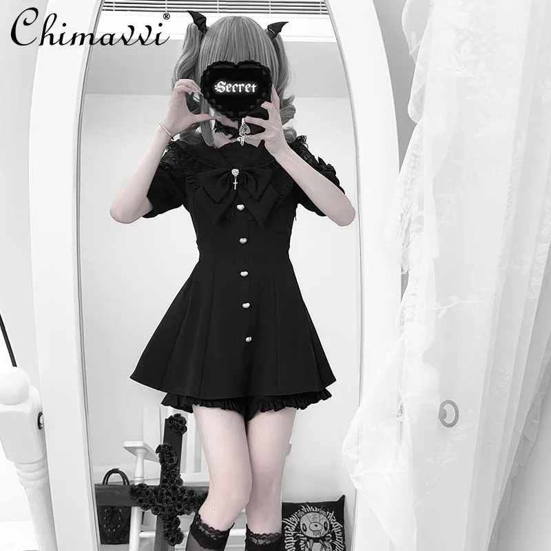 Vestido de manga corta con empalme de encaje producido en masa, Top + Pantalones cortos con cuello de marinero japonés, conjunto de Lolita de dos piezas