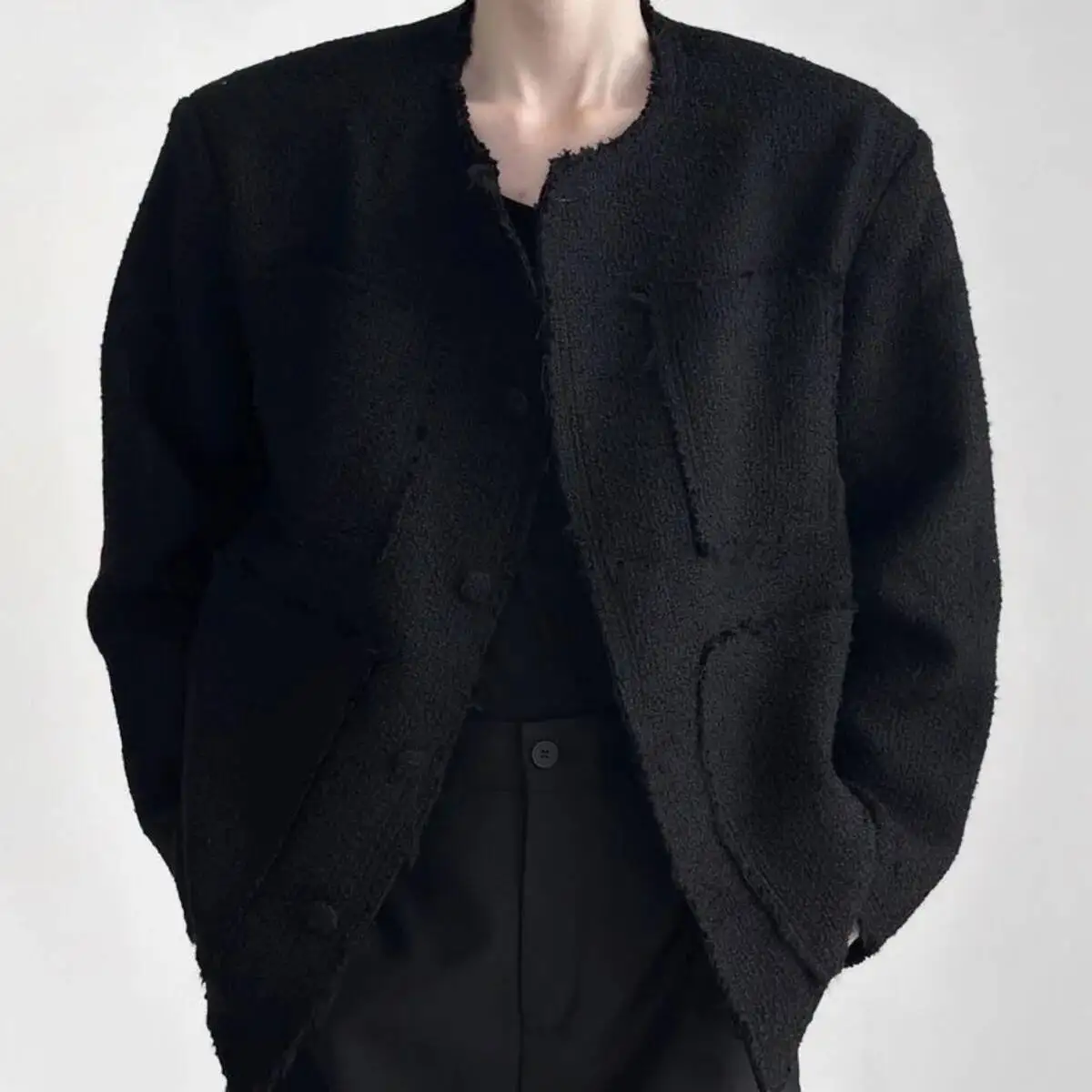 

Men's Luxury 4-Pocket Tweed Jacket Korean Raw Edge & Woven Blazer Edgy Spring Autumn Chic Loose Fit Coat