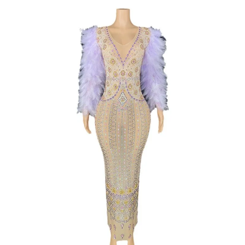 

Diamond Long Birthday Dress Purple Feather Apricot Dark V Diamond Mopping Floor Long Sleeve Split Fork Long Dress Elegant Noble