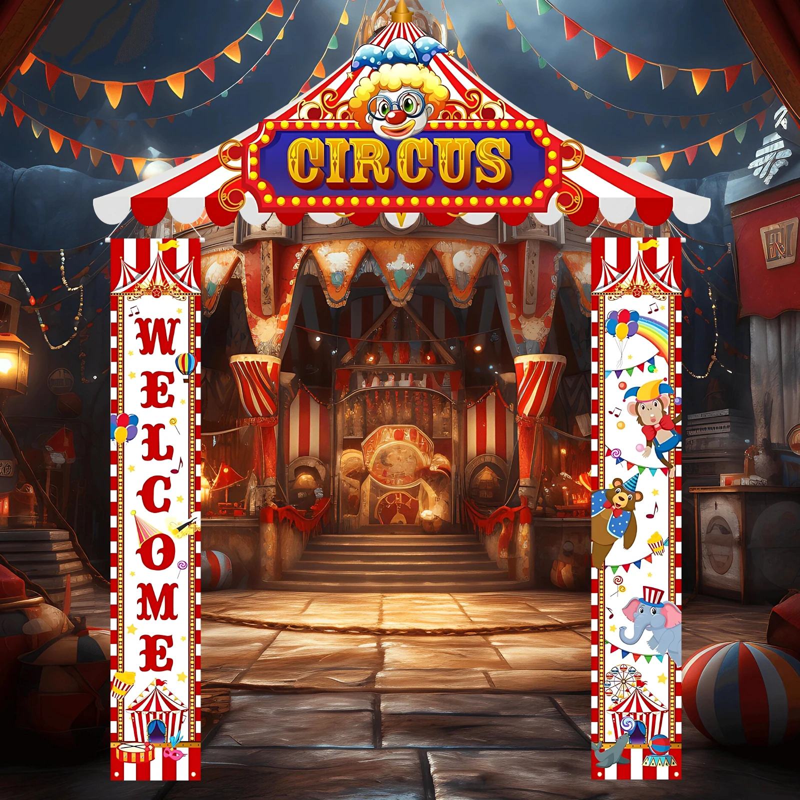 3 قطع لافتة شرفة السيرك الكرنفالية، زينة حفلات موضوع السيرك، مجموعة لافتات باب ترحيب الكرنفال، عيد ميلاد كرنفال معلق