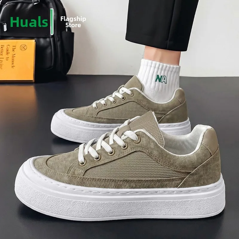 Men's Canvas Shoes Breathable Sporty Workwear Casual Trendy Design Korean Style round Toe Thick Heel Rubber Outsole