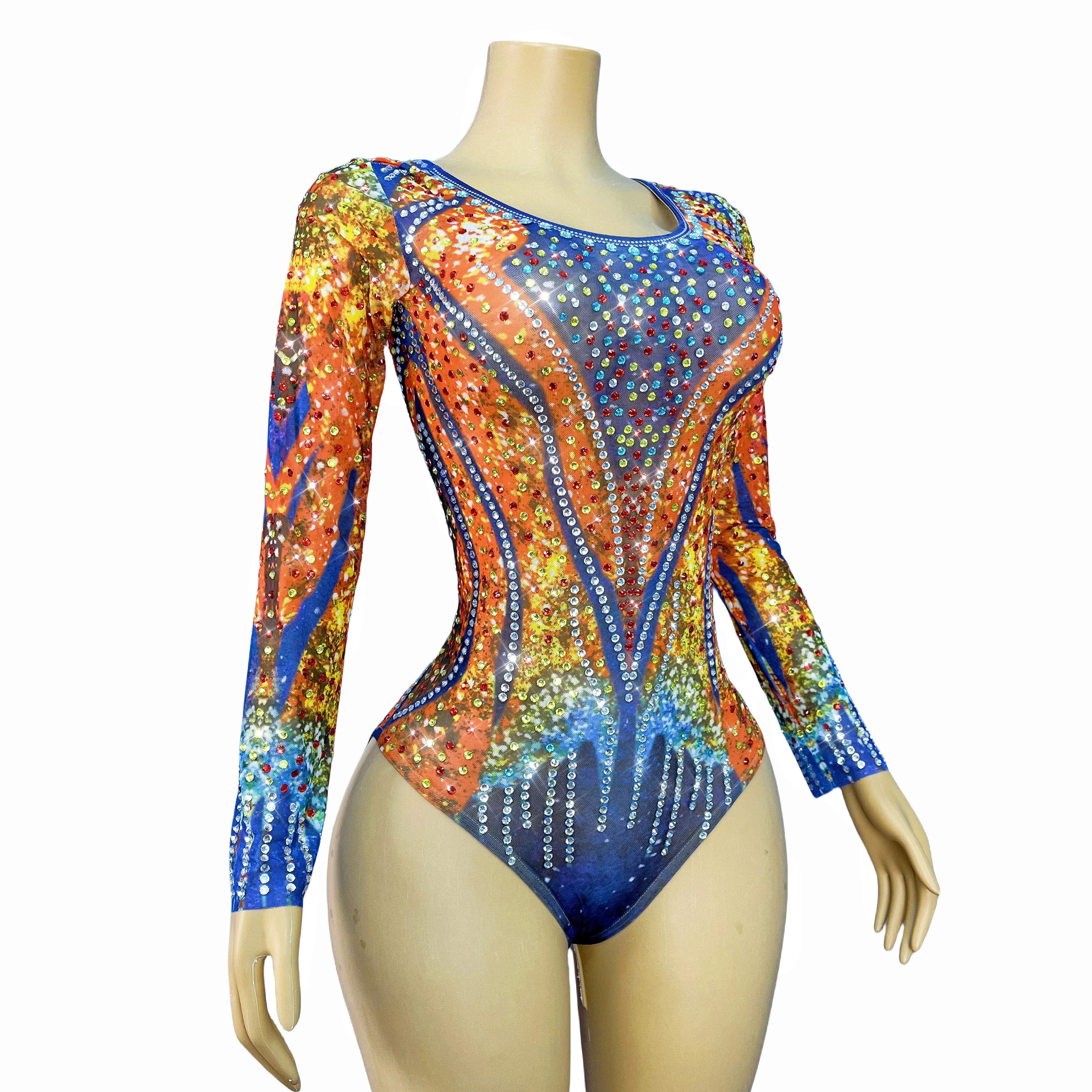 حار Blingbling المرحلة الزي الملونة الراين شبكة عالية شوك عرض الأزياء ليلة حزب المغني راقصة الأداء Hongyan