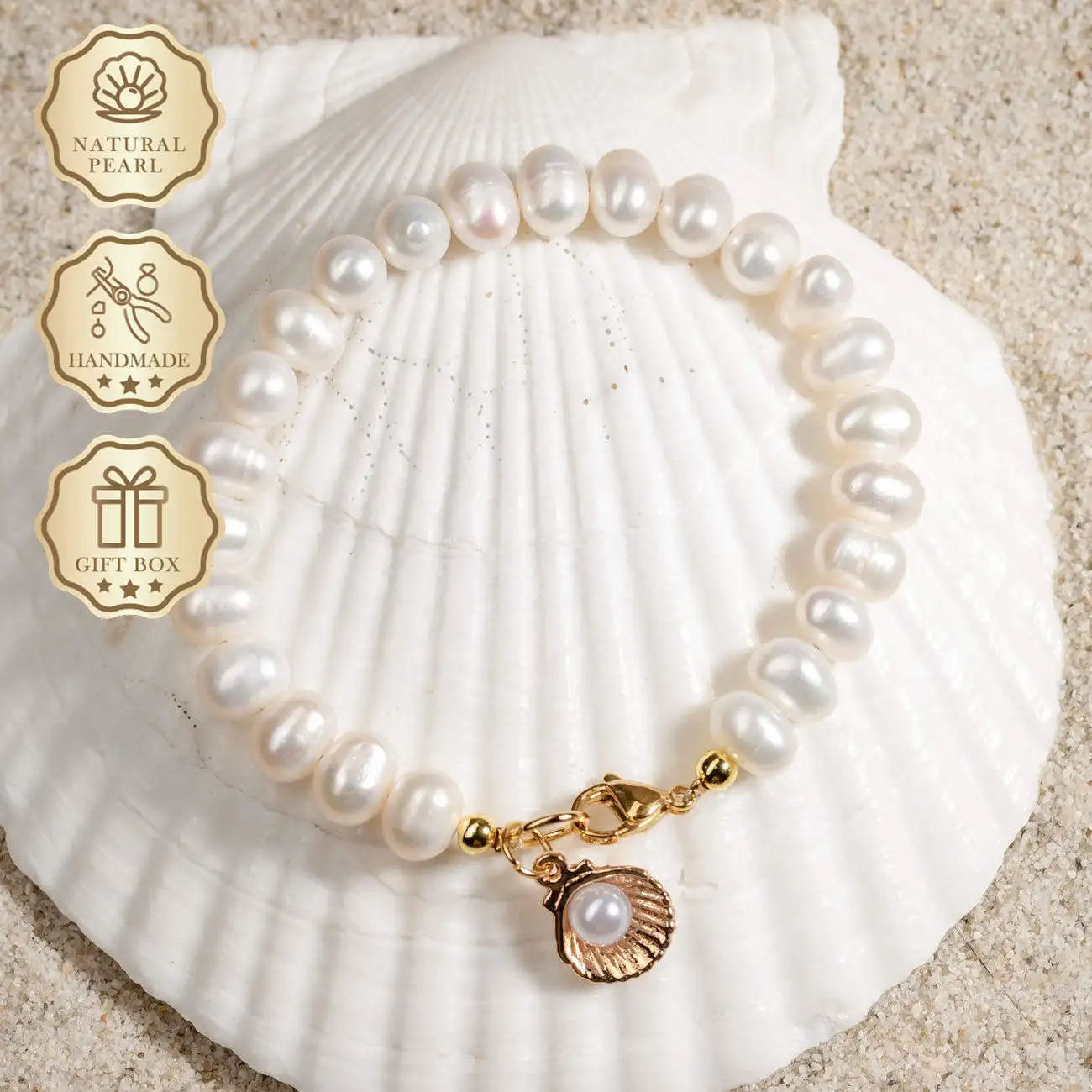 

MYSOYA White Freshwater Pearl Bracelet 7–8mm with Gold Shell Charm, Gift Box, Birthday & Anniversary Gift