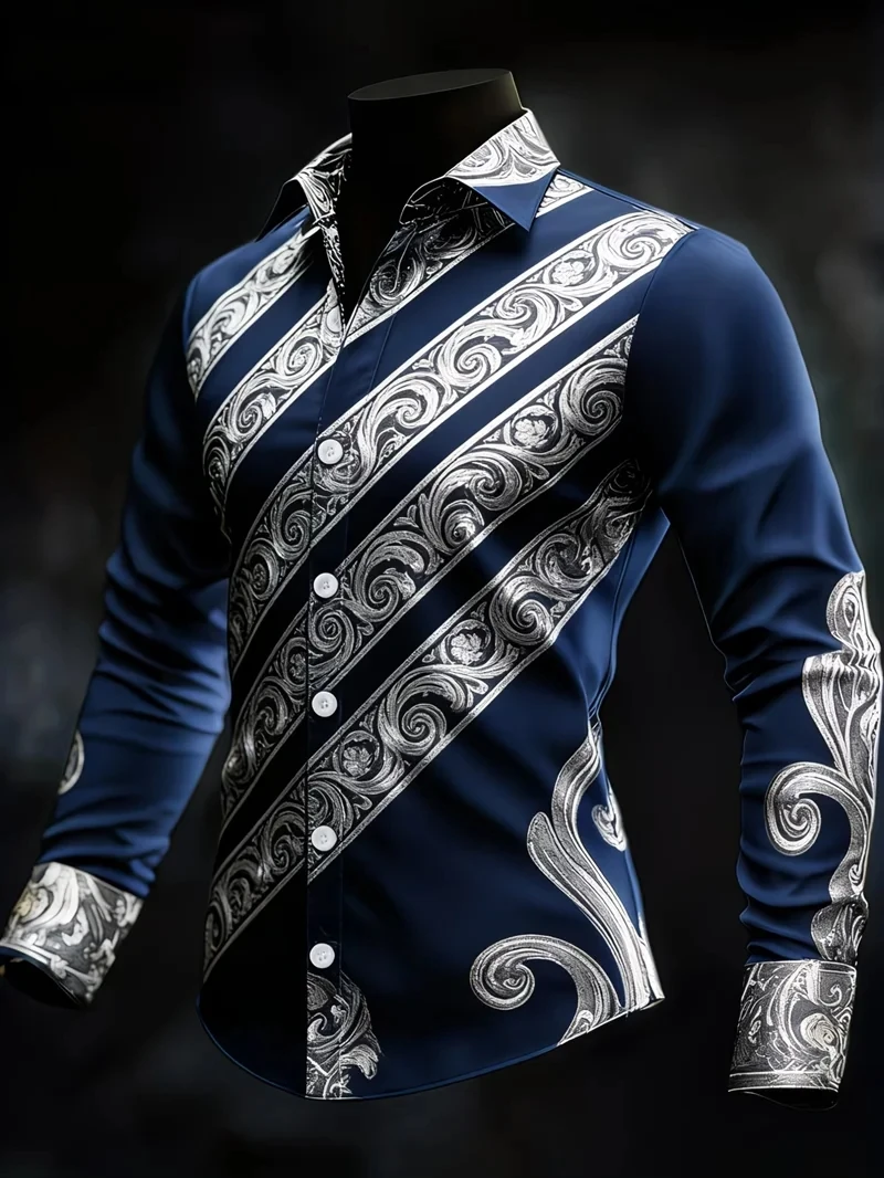 2026 New Men's 3D Flower Print Long Sleeve Shirt, High-Quality Pattern, Casual Long Sleeve Top