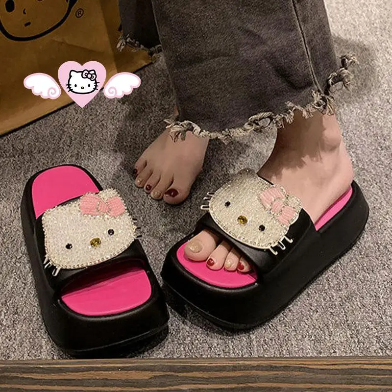 

Sanrios Hello Kittys Slippers Y2K Women Fashion Rhinestone Cartoon Thick Sole Sandals Summer Outdoor Indoor Home Shoes Anti Slip