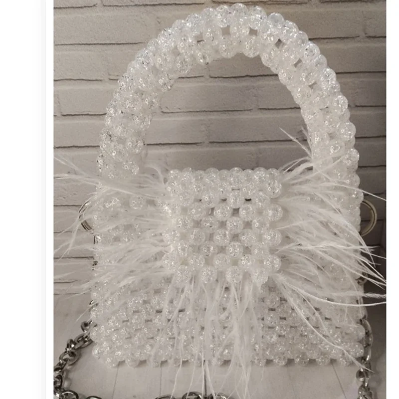 

Customized Bursting Bead Handmade Acrylic Beaded Handbag New Fashion Designer Feather Decoration Dinner Chain Crossbody Bags