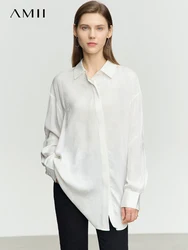 AMII Minimalist 2023 Autumn Shirts for Women Chinese Style Tops Jacquard Satin Loose Drop Sleeves Mid-length Blouses 12343061