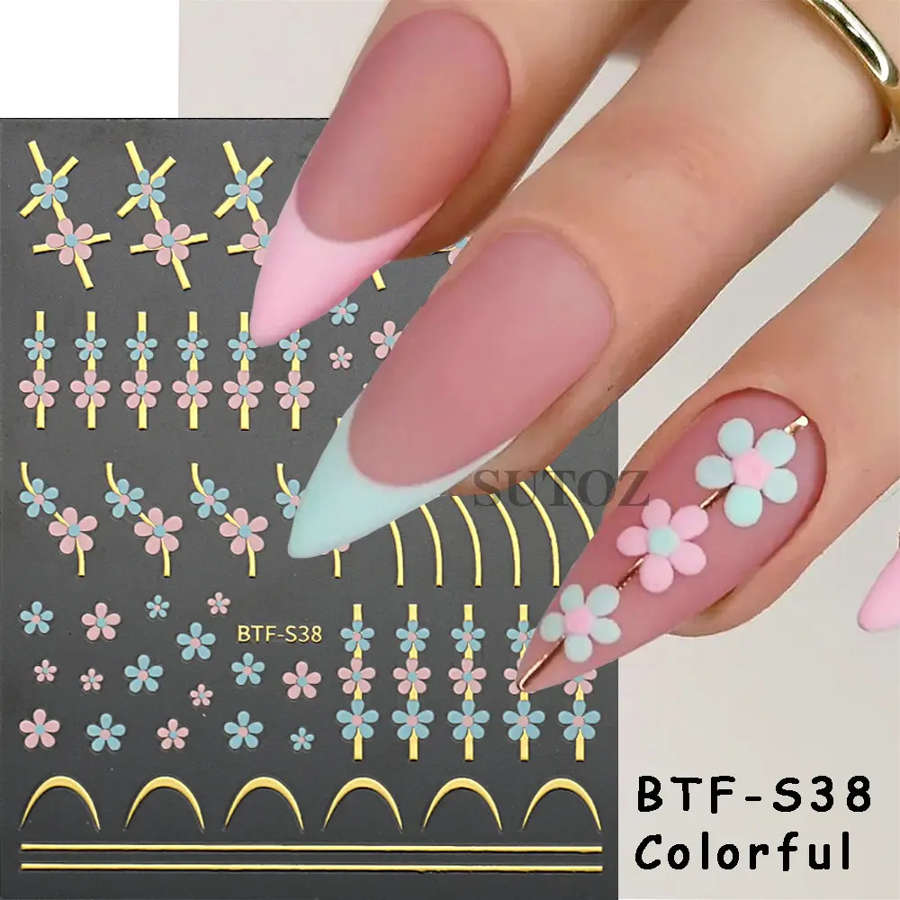 3D Black White Flower Nail Sticker Geometry Golden Wave Lines Nail Art Decals Hibiscus Love Heart Design Y2K Manicure LEBBTF-S37