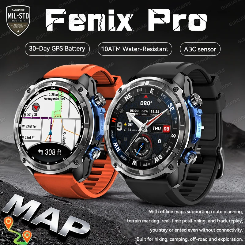 

2026 New Fenix Pro Dual-Band AGPS Smartwatch Built-in Offline Map 10ATM Waterproof 30-Days Battery Compass Men Militray Watches