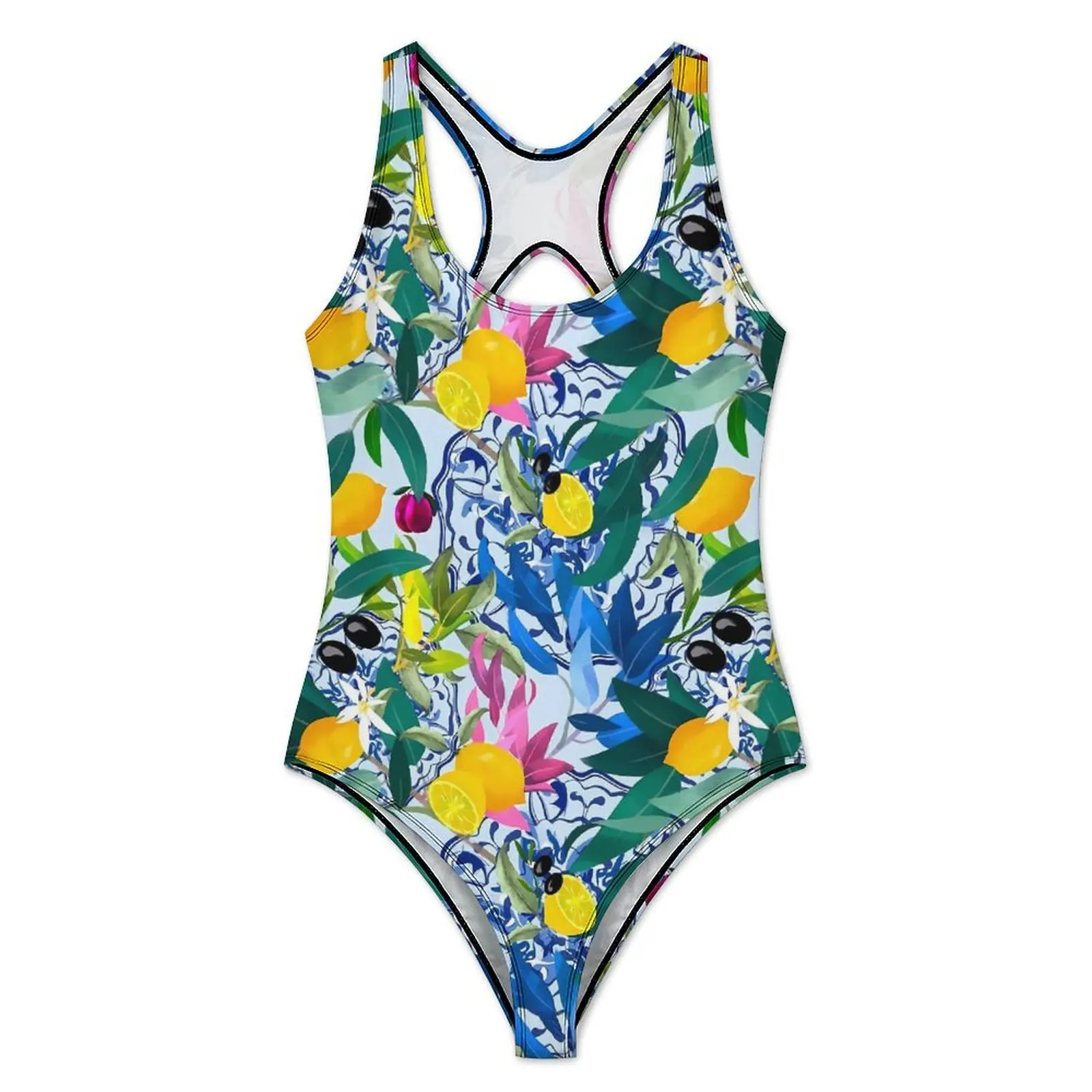 Fruit Print Swimsuit Colorful Leaves One-Piece Swimwear Push Up Stylish Bathing Suit Sexy Holiday Pool Pattern Swimsuits