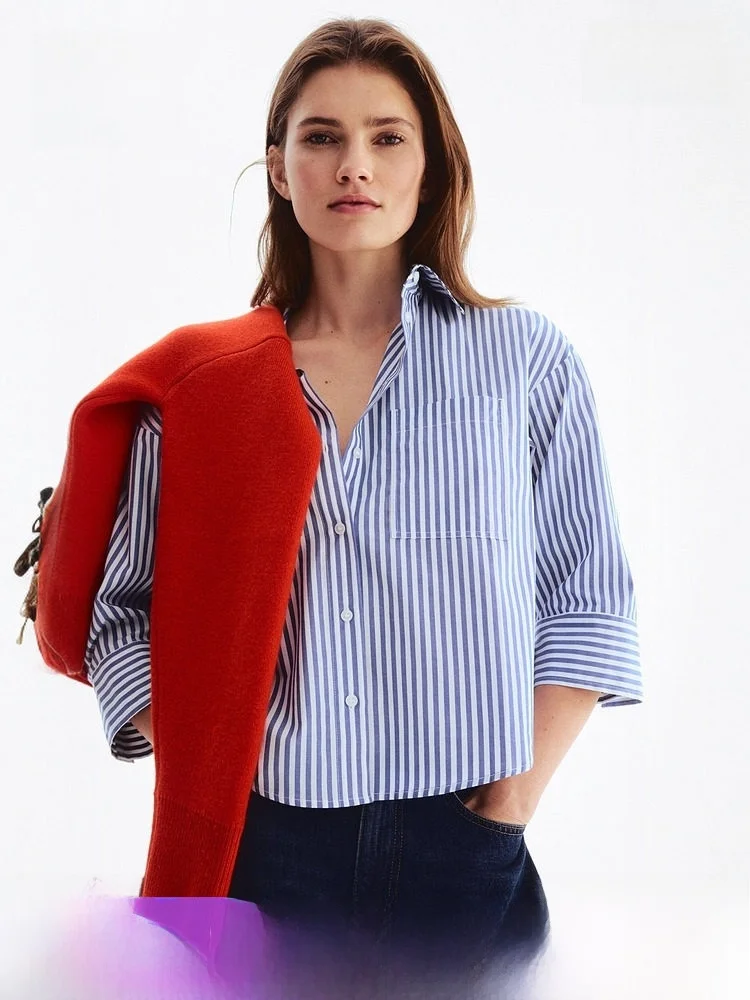 

H&M Новая летняя женская короткая шелковая рубашка свободного кроя из чистого хлопка с пуговицами, рукавом 3/4 и отложным воротником