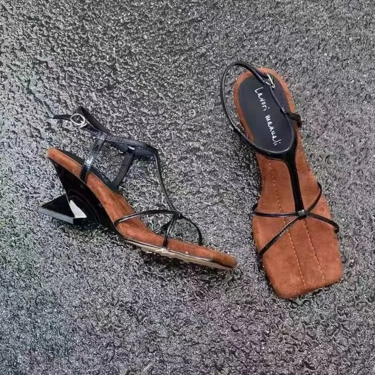 Beige Heeled Sandals Buckle Strap Retro Woman Shoes Black Sexy Open Pointed Original Comfort Low Rhinestone Stiletto Closed Cat