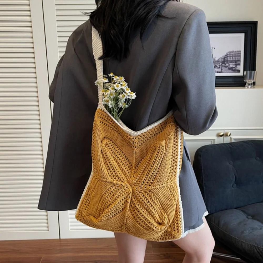 Trendy Handmade Crochet Bag Boho Leisure Knitted Cross Bag Large Capacity Hollow Weave Tote Bag Handbags