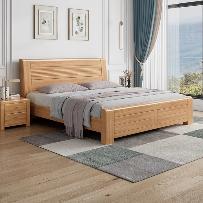 Beech all solid wood bed 1.8 meters Chinese log simple double bed 1.5m single master bedroom high box storage wedding bed