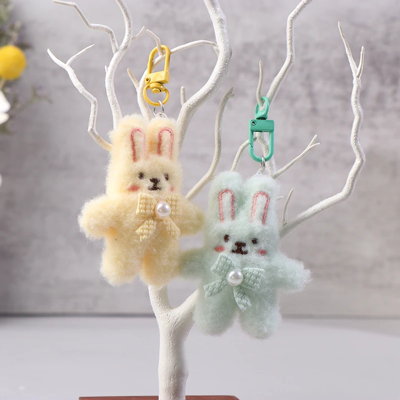 1Pcs Cute Bowknot Rabbit Plush Pendant Cartoon Bunny Keychain Soft Stuffed Doll Car Key Ring Backpack Bag Decor