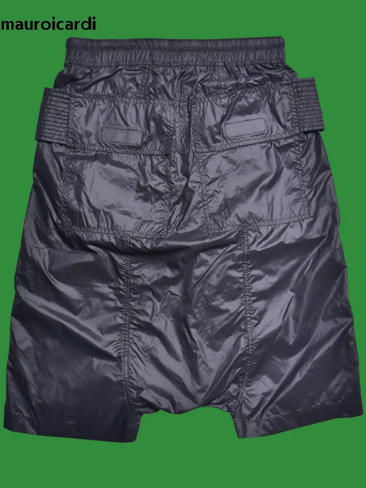 Mauroicardi Spring Summer Thin Black Waterproof Nylon Shorts for Men Elastic Waist Drawstring Knee Length Harem Pants Clothes