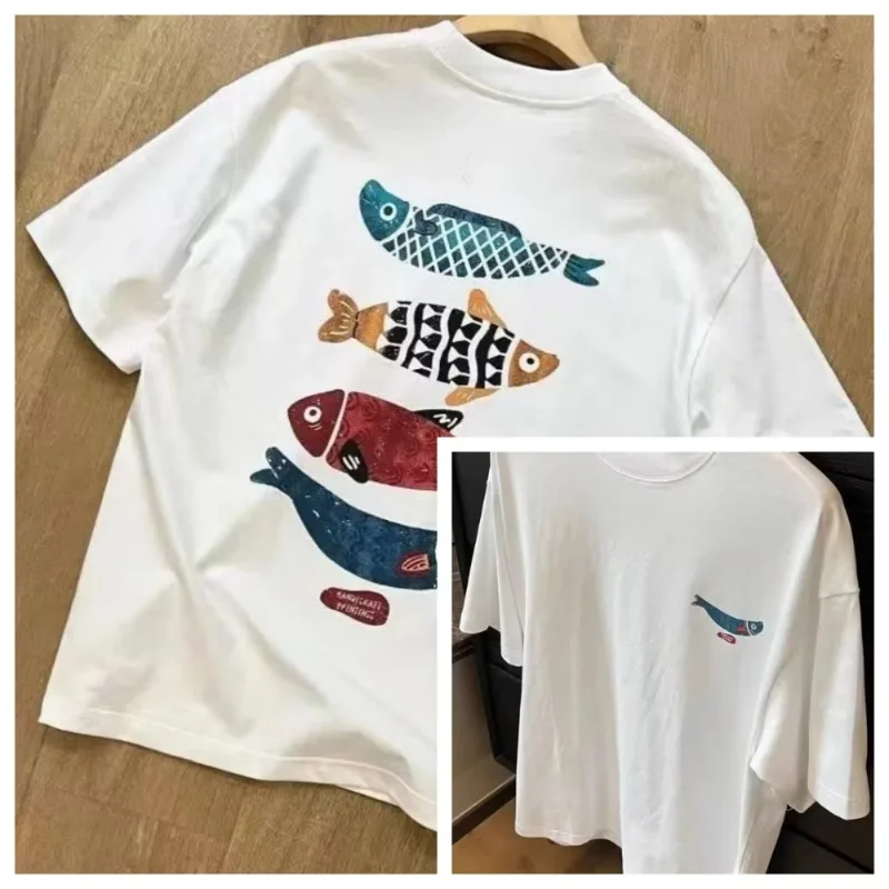

2025 New Summer American Cotton T-shirt Unisex Small Fish Print Group Luxury High-end Retro Loose Short-sleeved T-shirt Tees