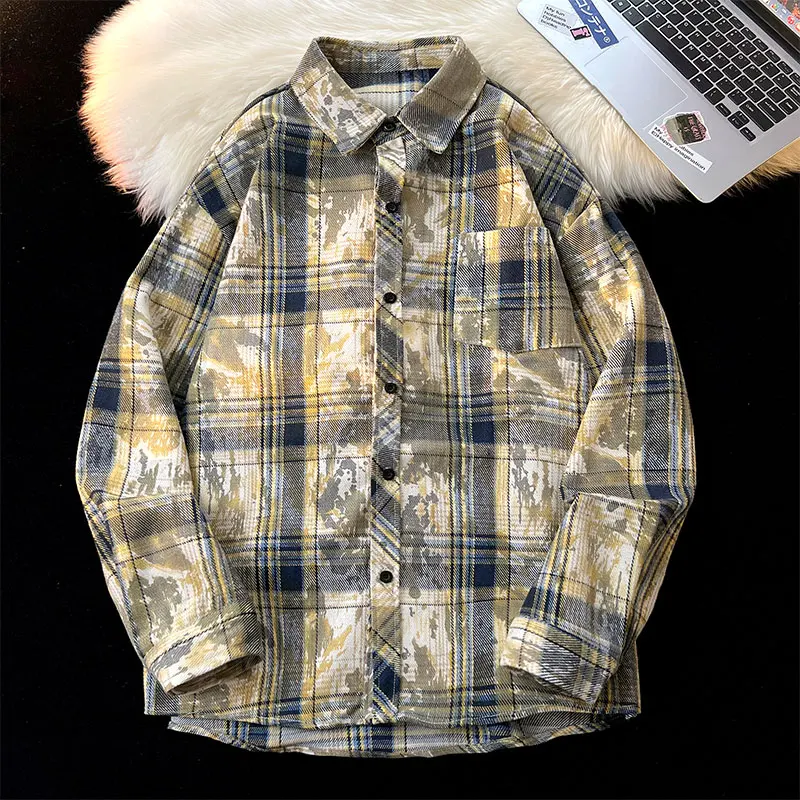 Korean Style Ink Splash Plaid Shirt Vintage Tie-dye Outdoor Shirt Autumn Unisex Men\'s Women\'s Long Sleeve Blouse Jacket