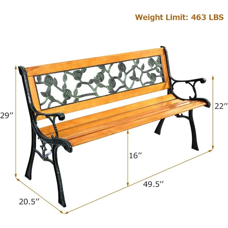 Banc de jardin en fonte de rose avec cadre en bois dur, meubles d'extérieur, causeuse de porche, liquimanquer extérieure, 2 prêts hypothécaires, 50 en effet. parc