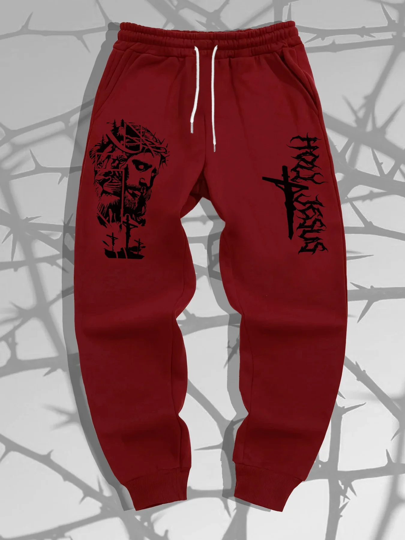 Jogger Trousers, Religious Lion Cross Graphic Print, Drawstring Elastic Waist, Gothic Streetwear Casual Cuffed Pants